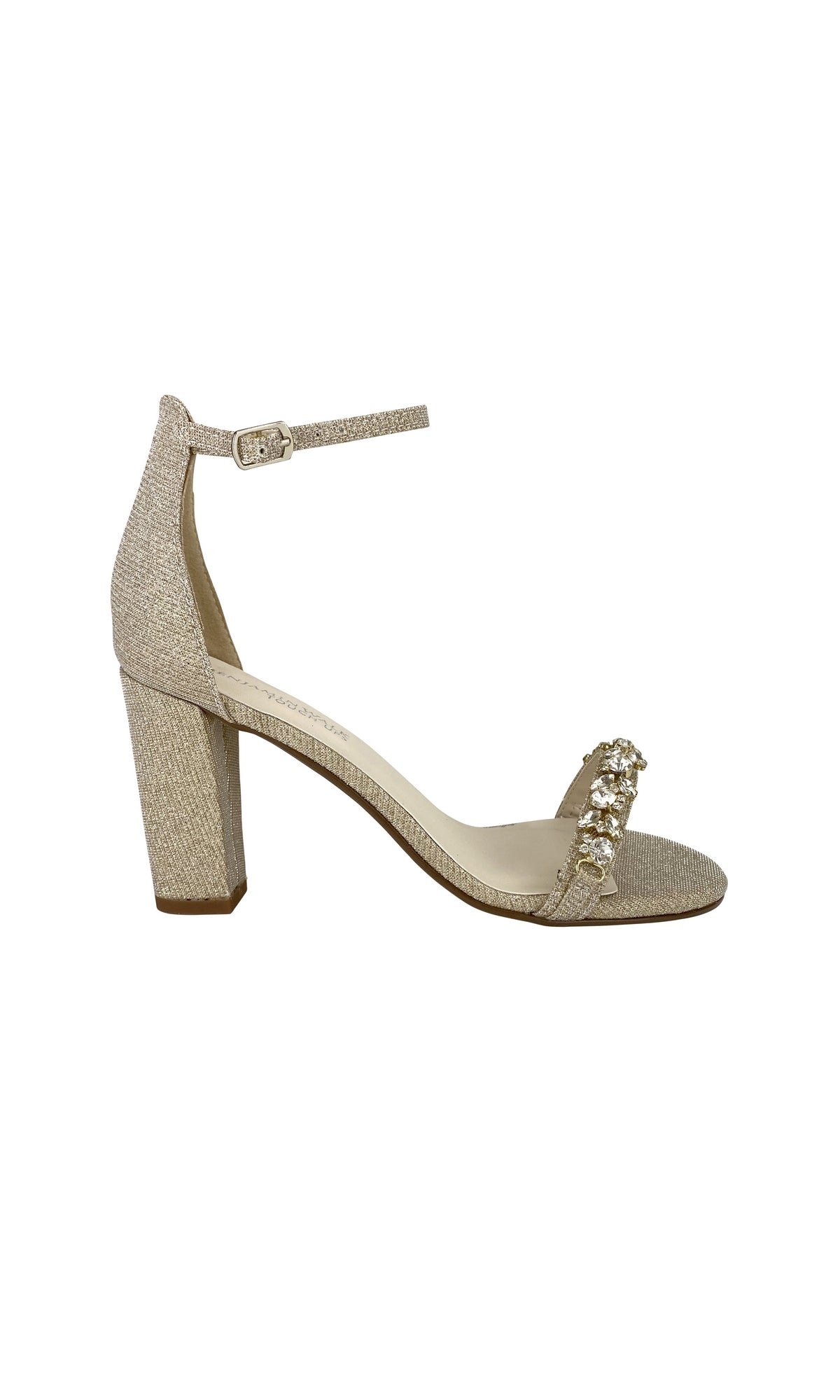 The Camila Champagne 2.75in Prom Shoes by Touch Ups 4522 are beige block heel sandals with an ankle strap, buckle, and rhinestone-decorated toe band—perfect as rhinestone heels for prom or any elegant evening look.